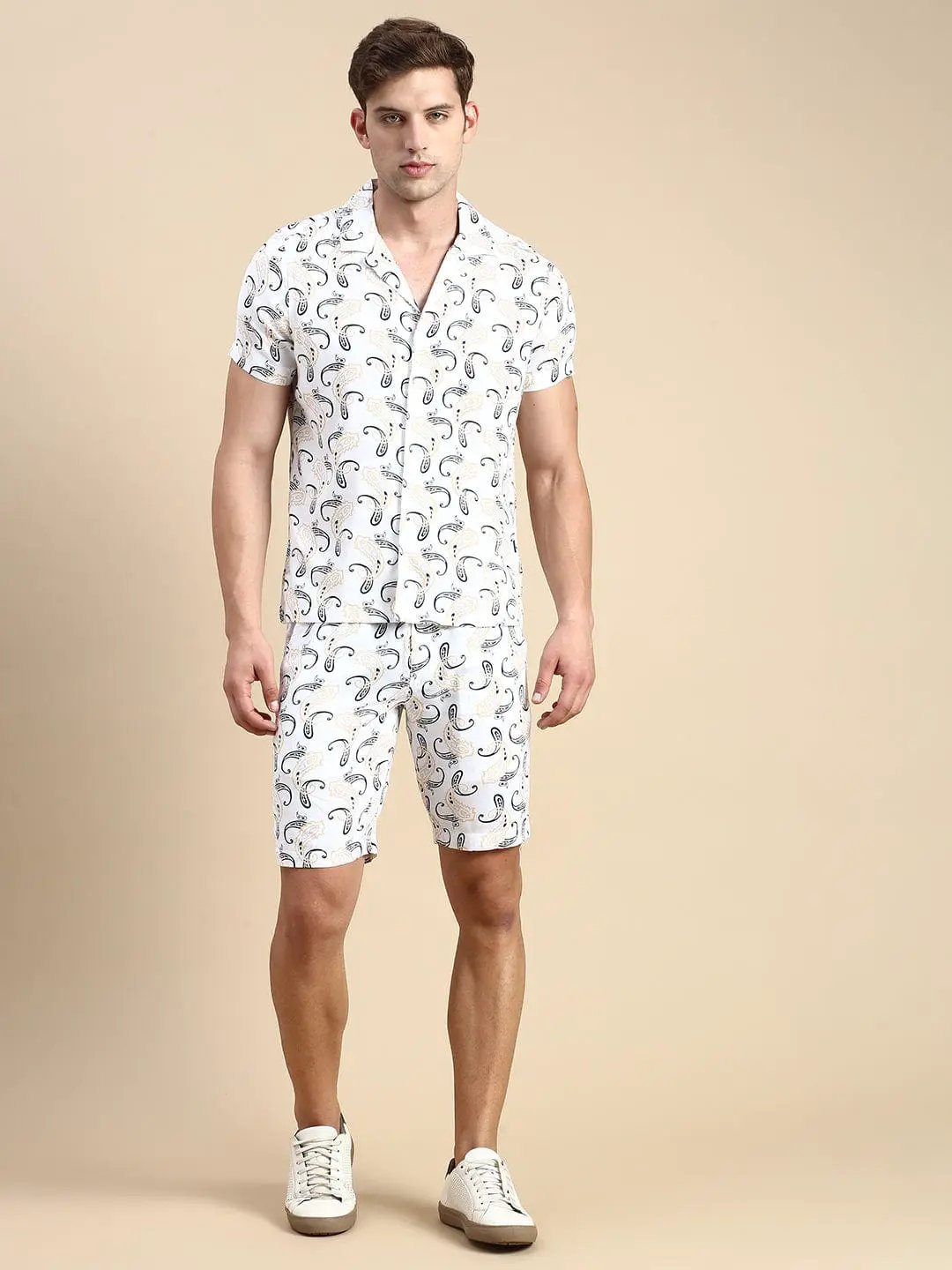 Men's Cuban Collar Printed Off White Co-Ords Set