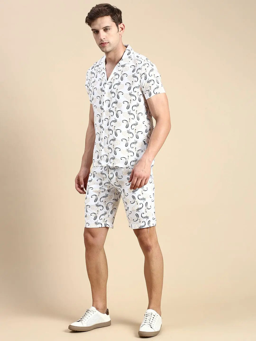 Men's Cuban Collar Printed Off White Co-Ords Set