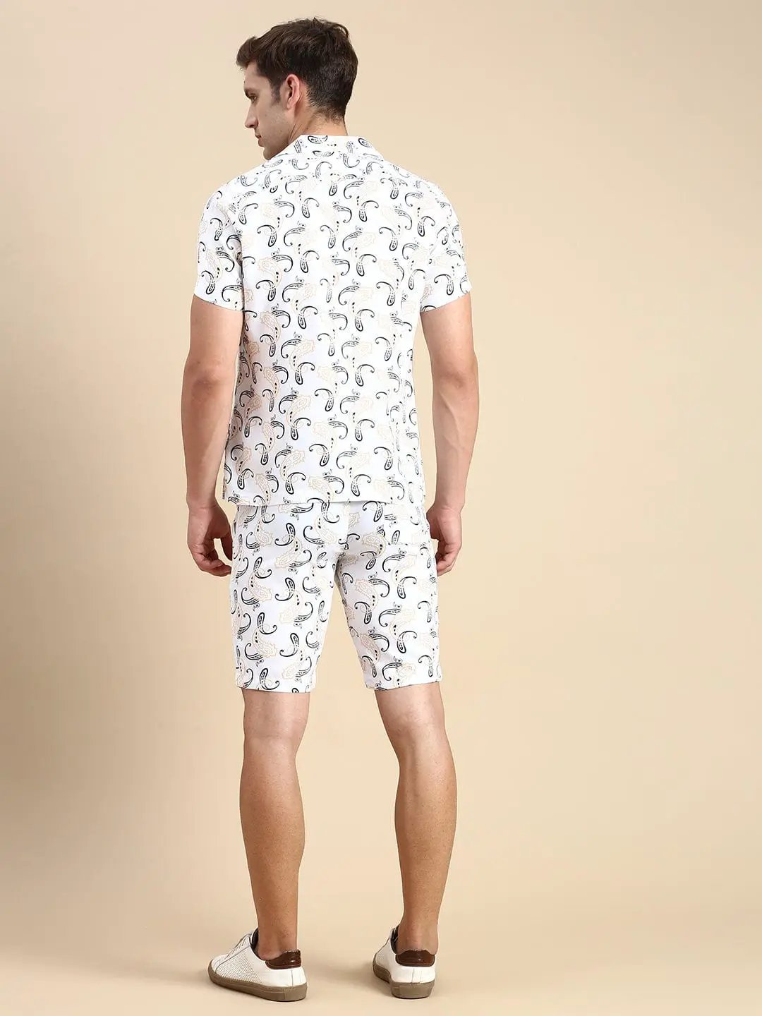 Men's Cuban Collar Printed Off White Co-Ords Set