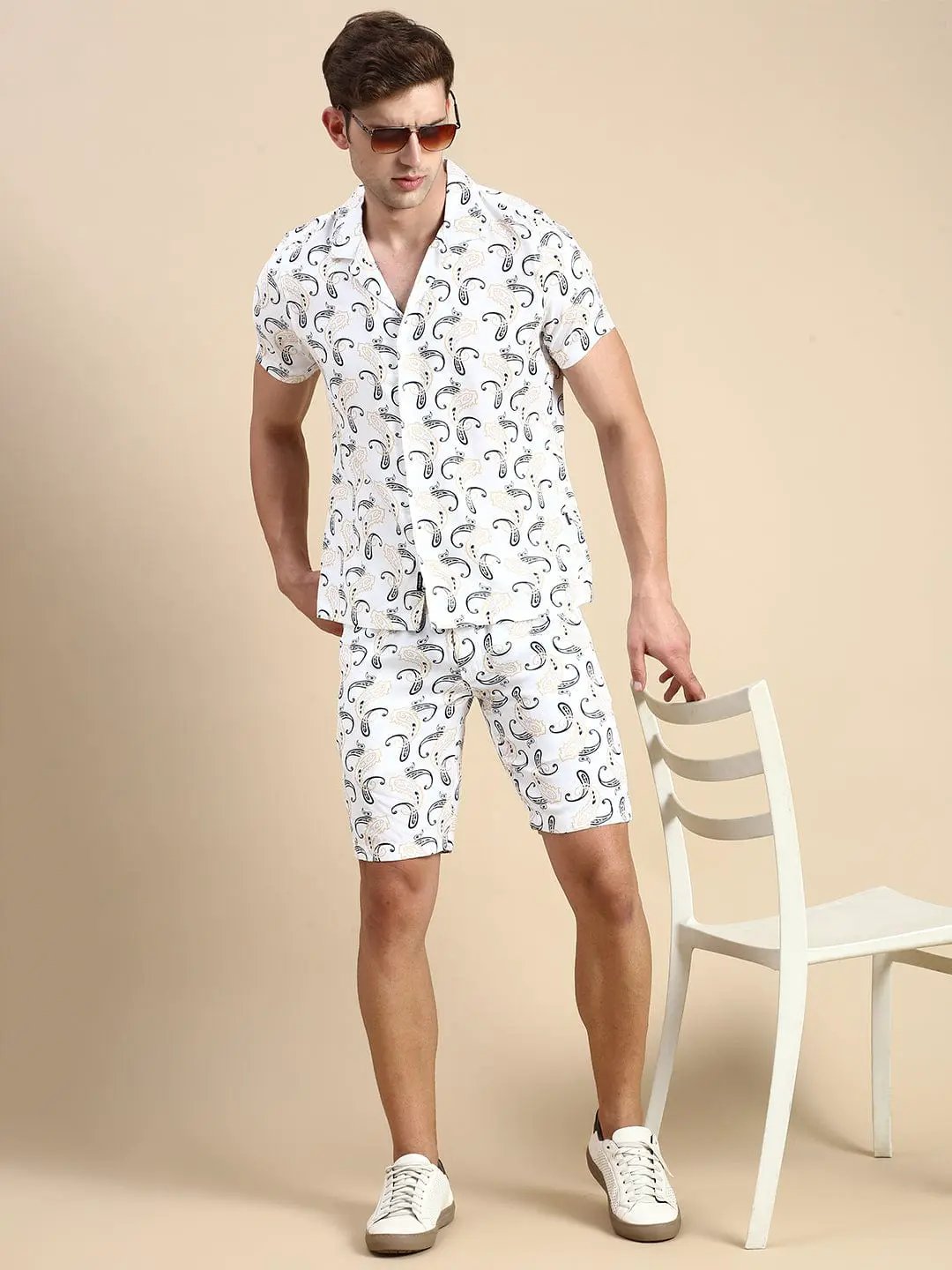Men's Cuban Collar Printed Off White Co-Ords Set