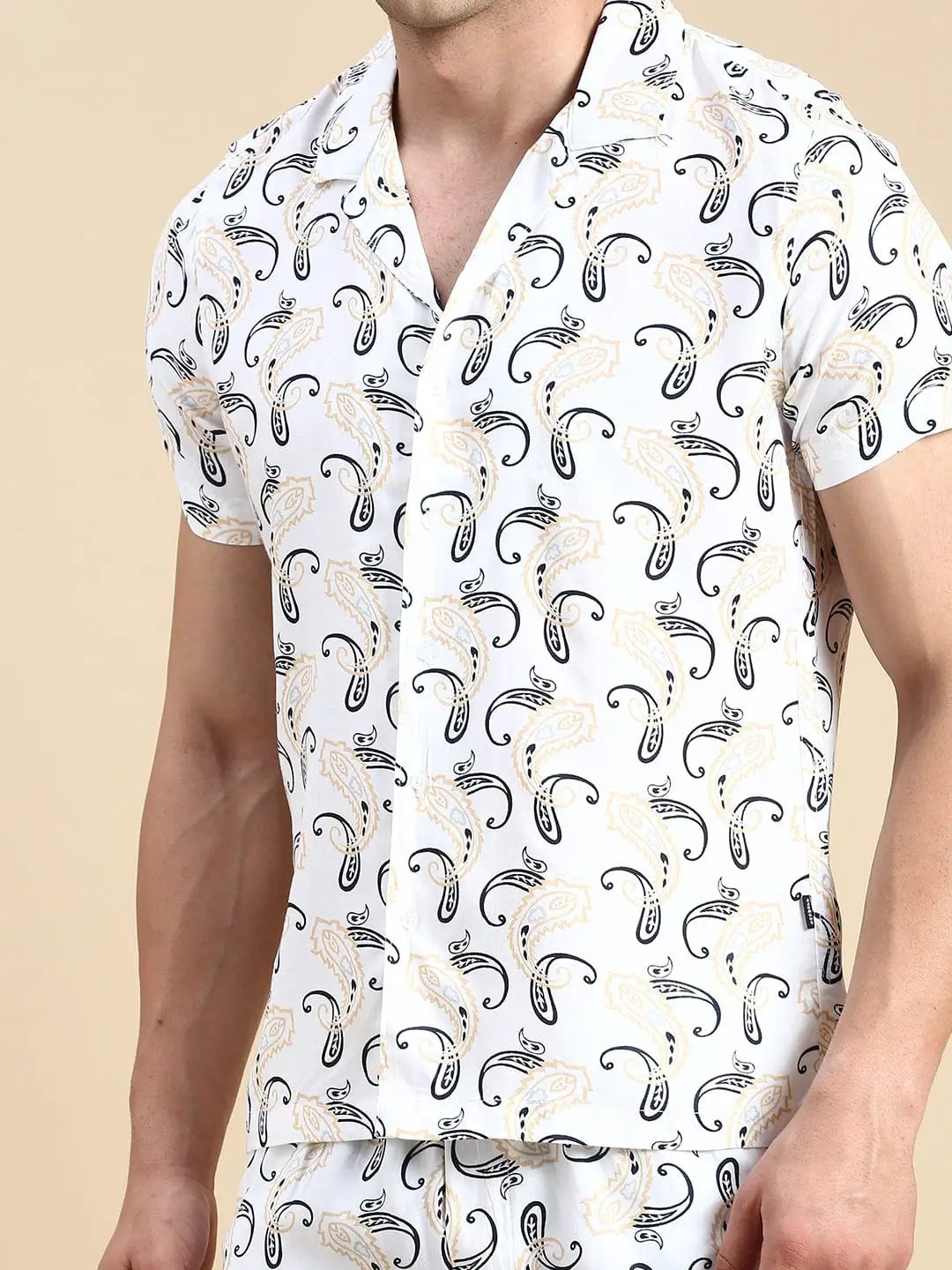 Men's Cuban Collar Printed Off White Co-Ords Set