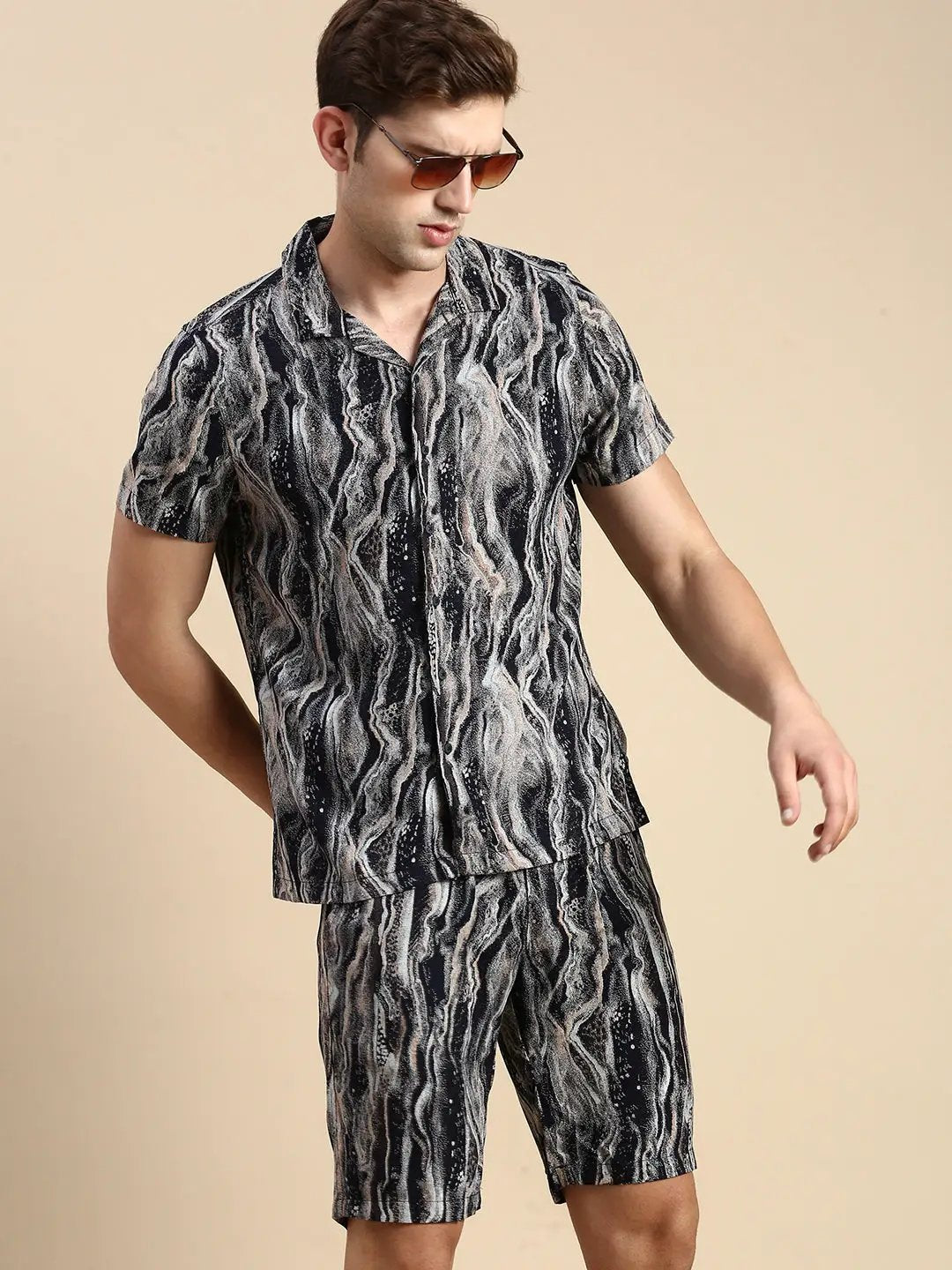 Men's Cuban Collar Printed Multi Co-Ords Set