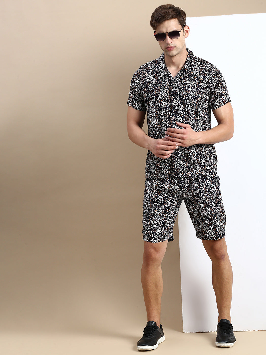 Men Cuban Collar Printed Black Co-Ords Set