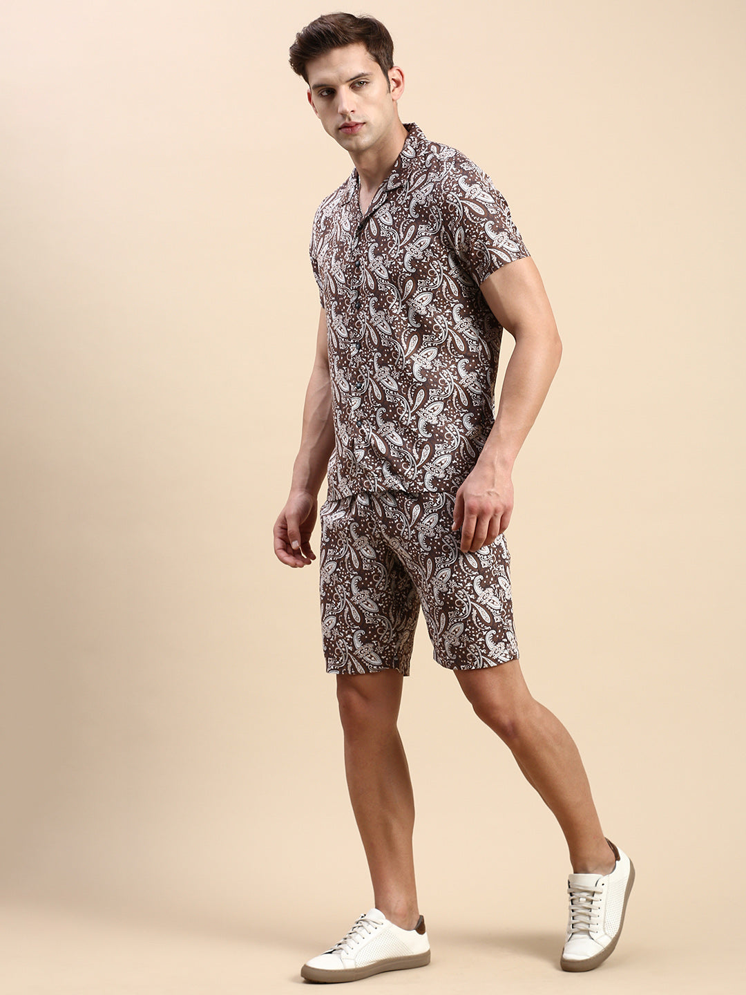 Men Cuban Collar Printed Coffee Brown Co-Ords Set