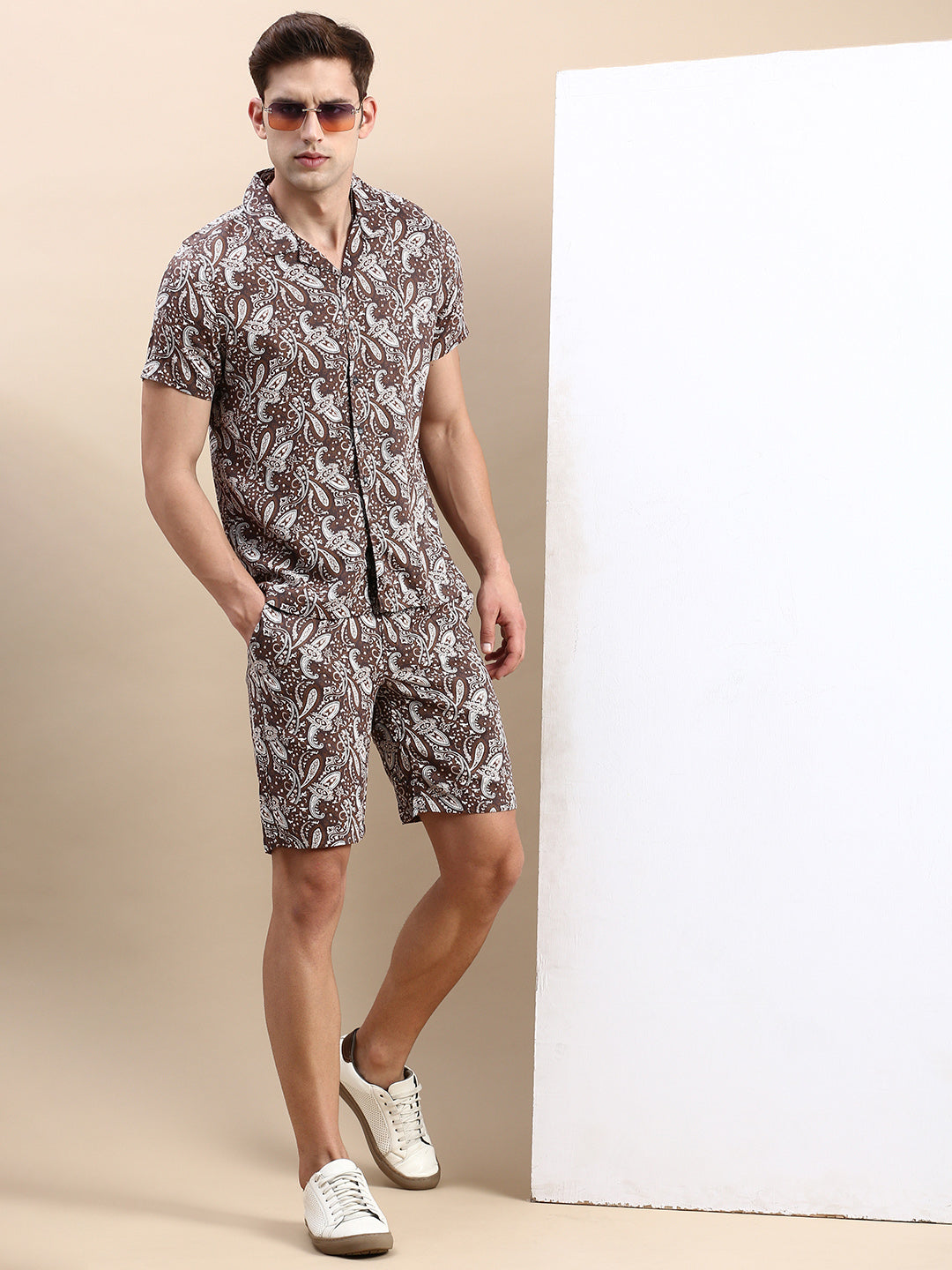 Men Cuban Collar Printed Coffee Brown Co-Ords Set