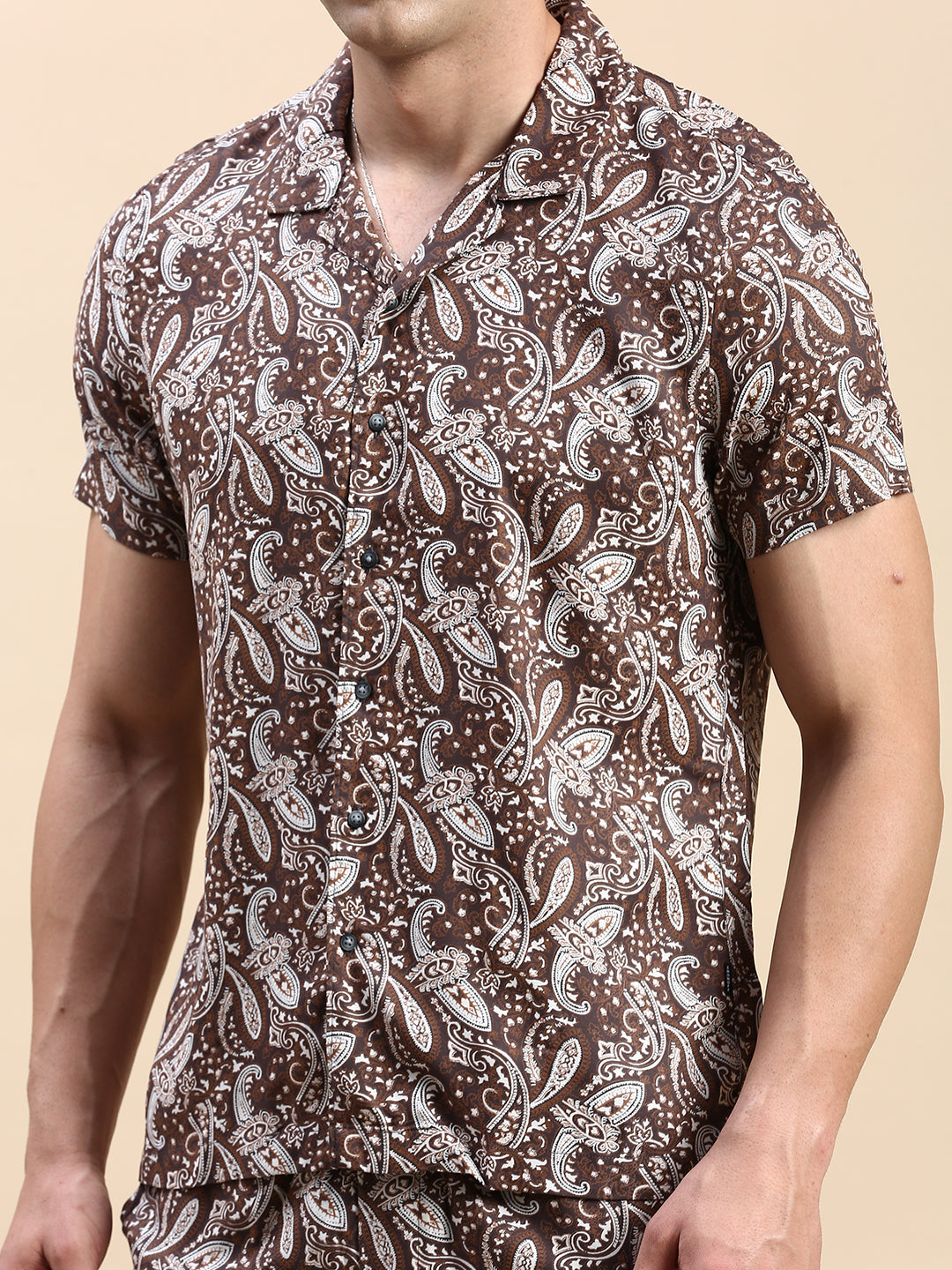 Men Cuban Collar Printed Coffee Brown Co-Ords Set