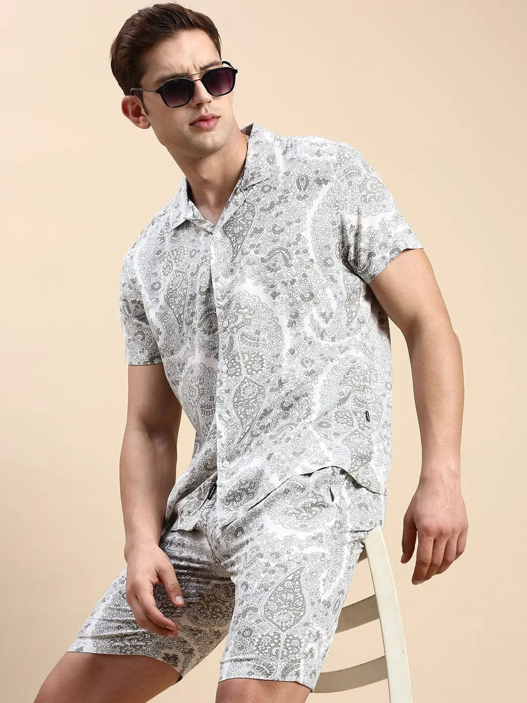 Men's Cuban Collar Printed Cream Co-Ords Set