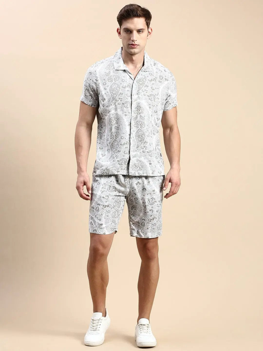 Men's Cuban Collar Printed Cream Co-Ords Set