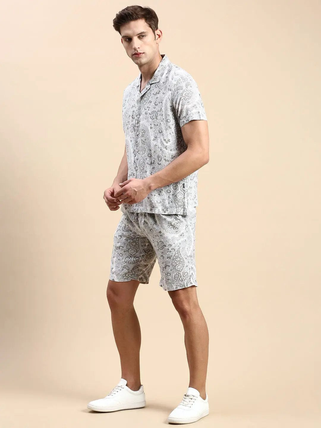 Men's Cuban Collar Printed Cream Co-Ords Set