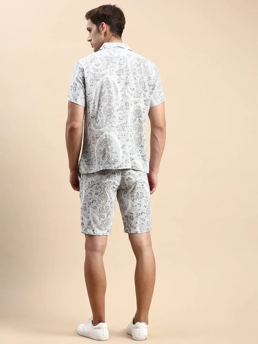 Men's Cuban Collar Printed Cream Co-Ords Set