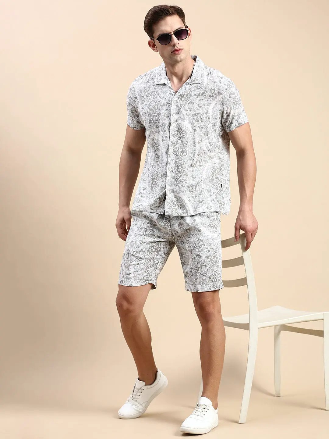 Men's Cuban Collar Printed Cream Co-Ords Set