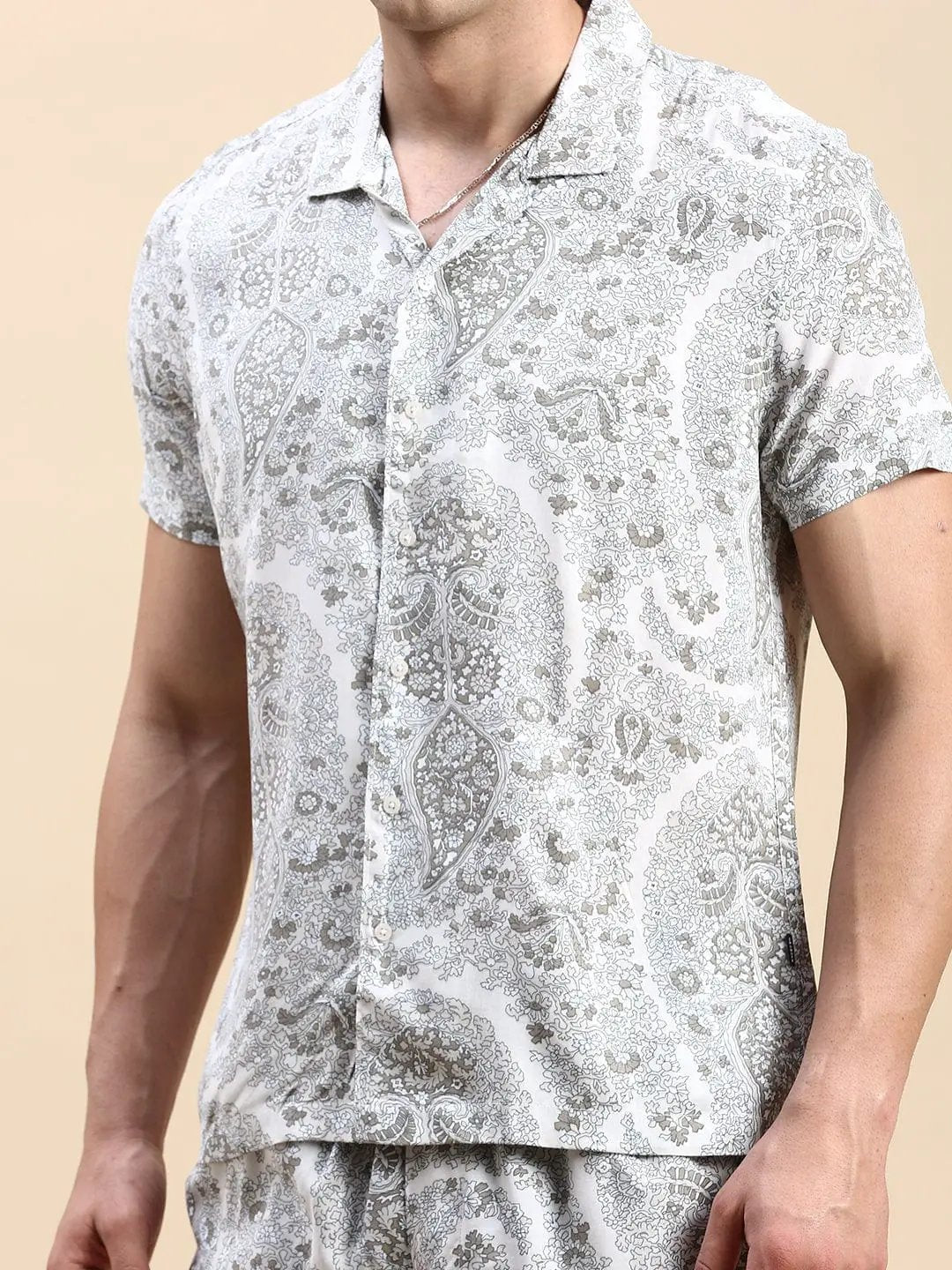 Men's Cuban Collar Printed Cream Co-Ords Set