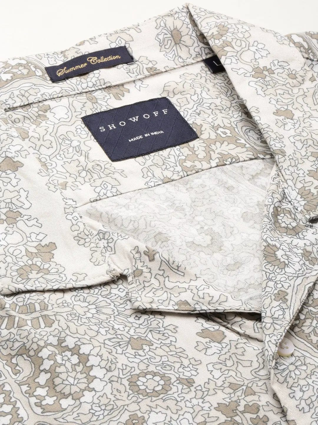 Men's Cuban Collar Printed Cream Co-Ords Set