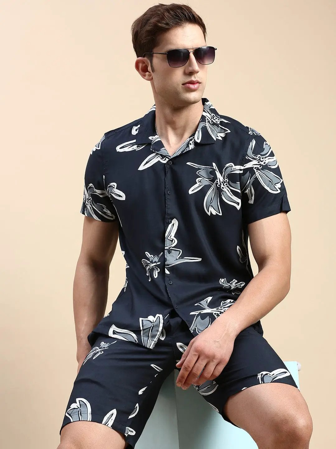 Men's Cuban Collar Printed Teal Co-Ords Set