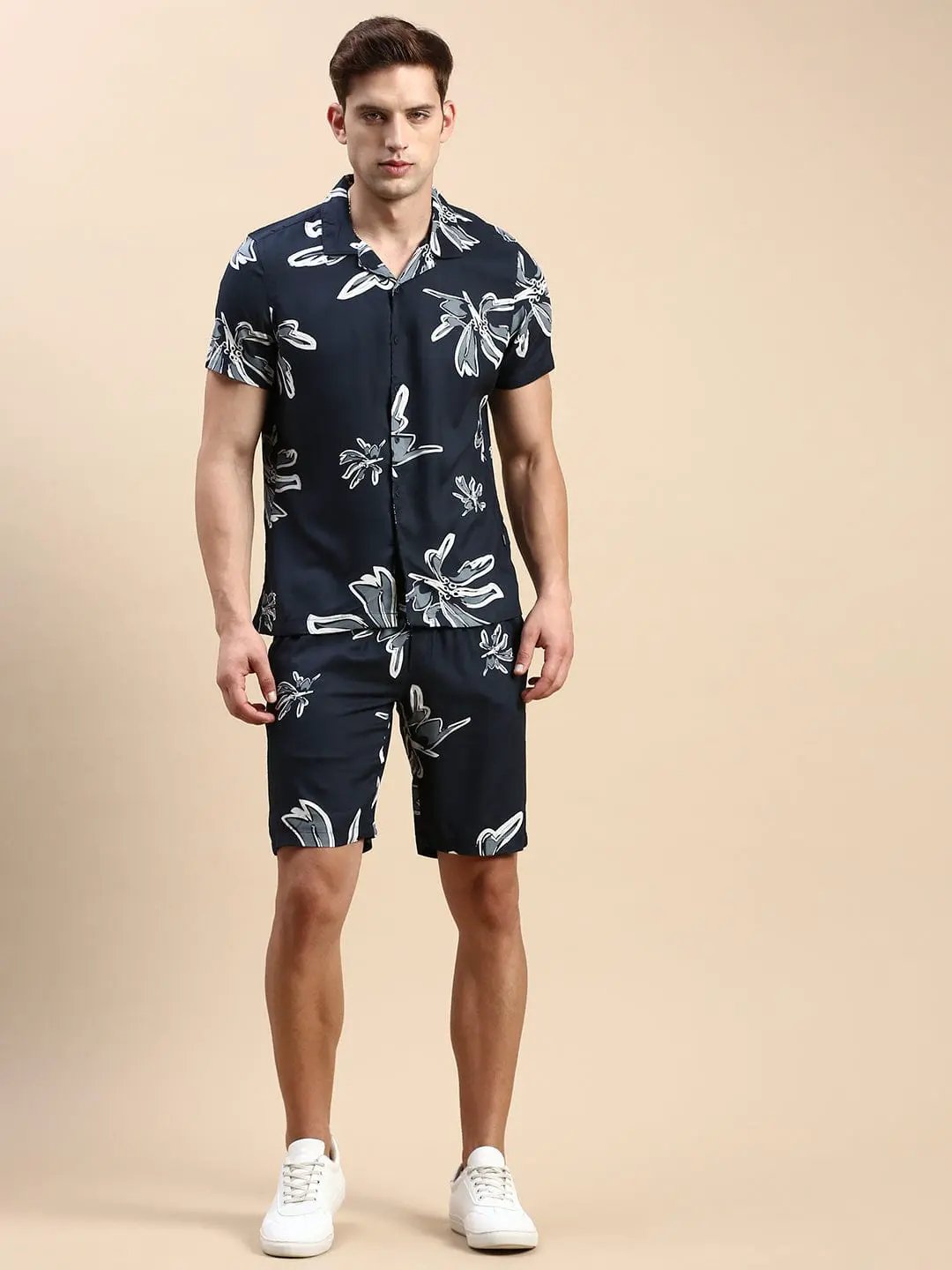 Men's Cuban Collar Printed Teal Co-Ords Set