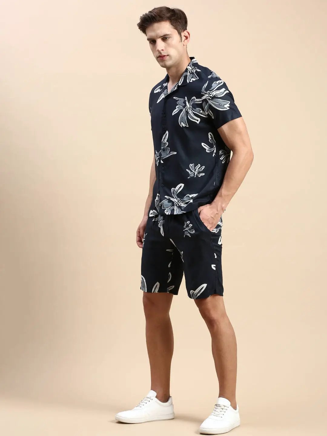 Men's Cuban Collar Printed Teal Co-Ords Set