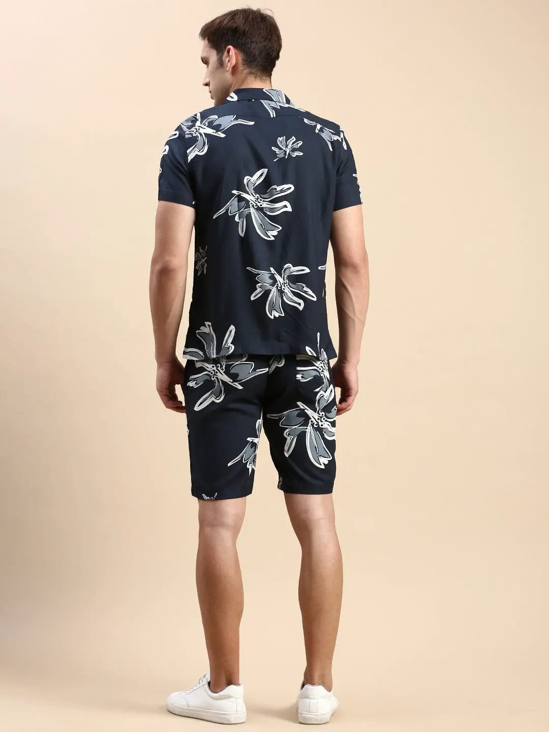 Men's Cuban Collar Printed Teal Co-Ords Set