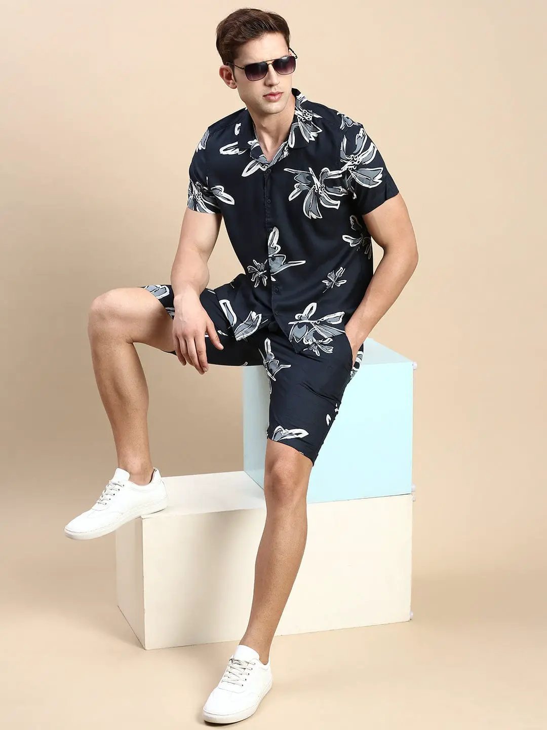 Men's Cuban Collar Printed Teal Co-Ords Set