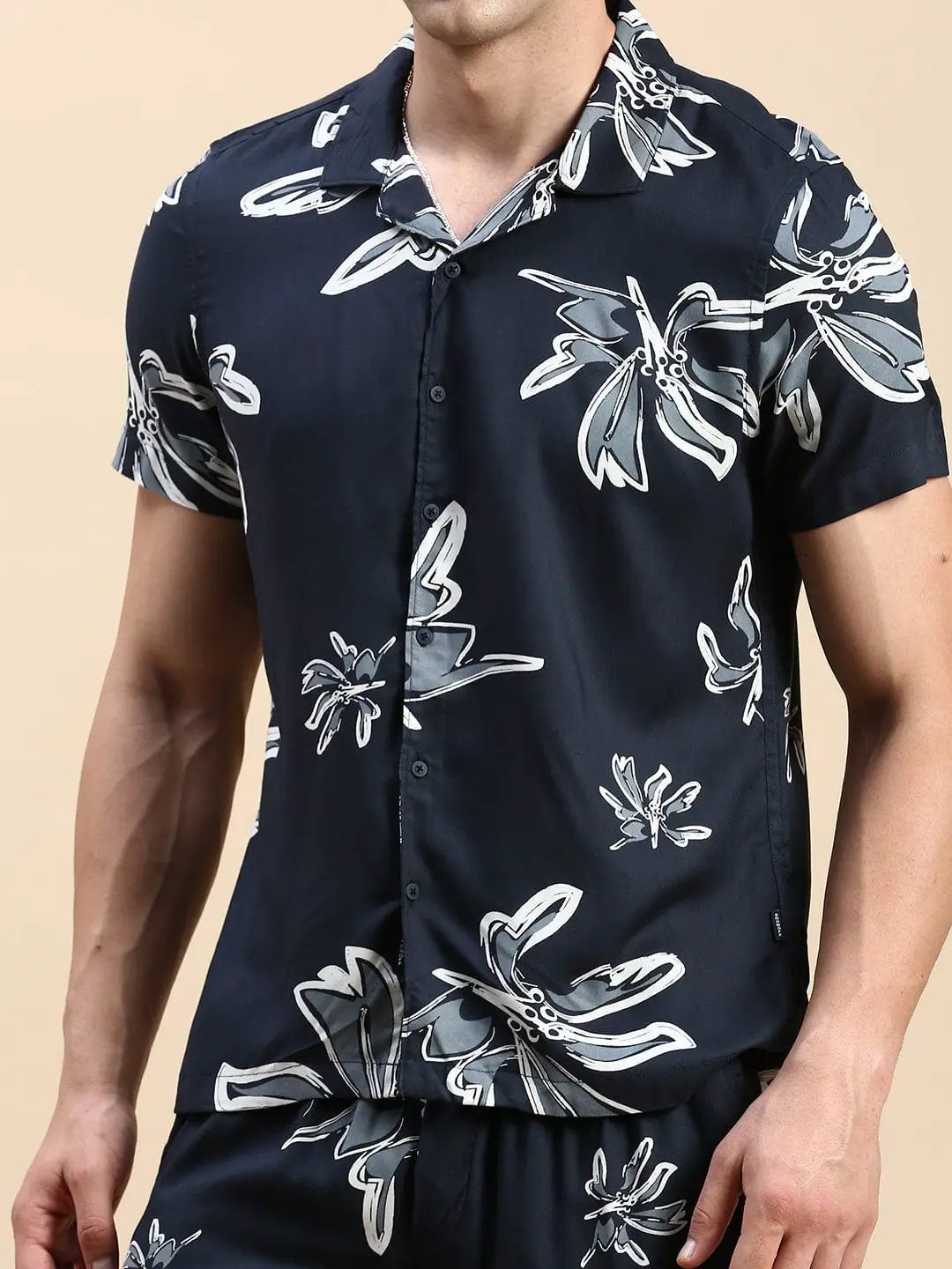 Men's Cuban Collar Printed Teal Co-Ords Set