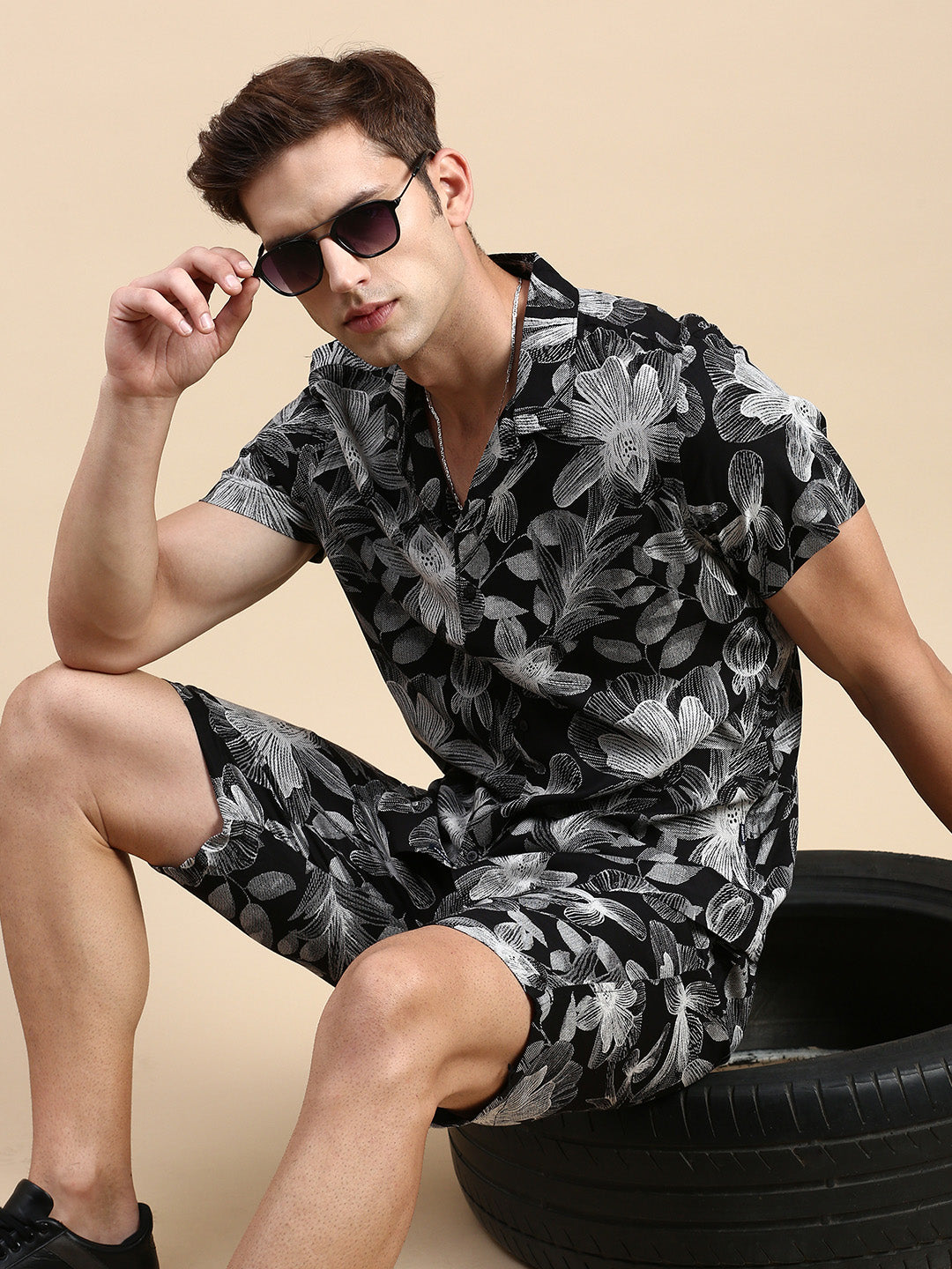 Men Cuban Collar Printed Black Co-Ords Set