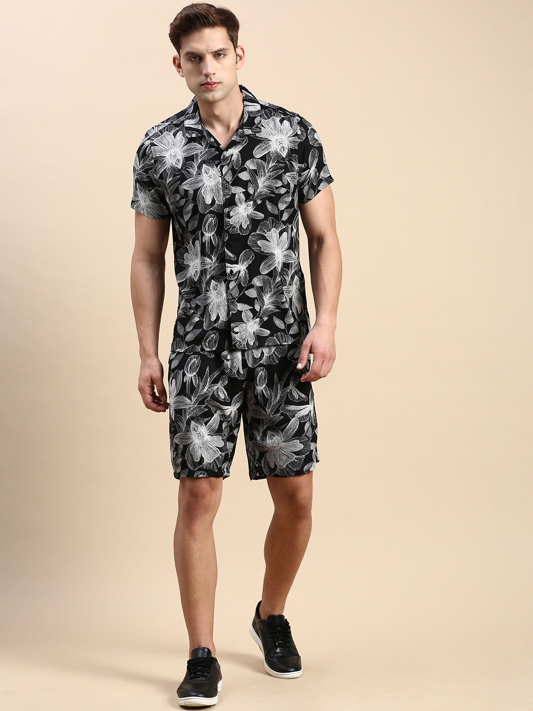 Men Cuban Collar Printed Black Co-Ords Set