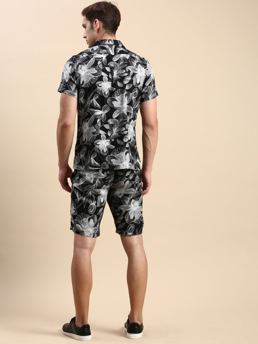 Men Cuban Collar Printed Black Co-Ords Set