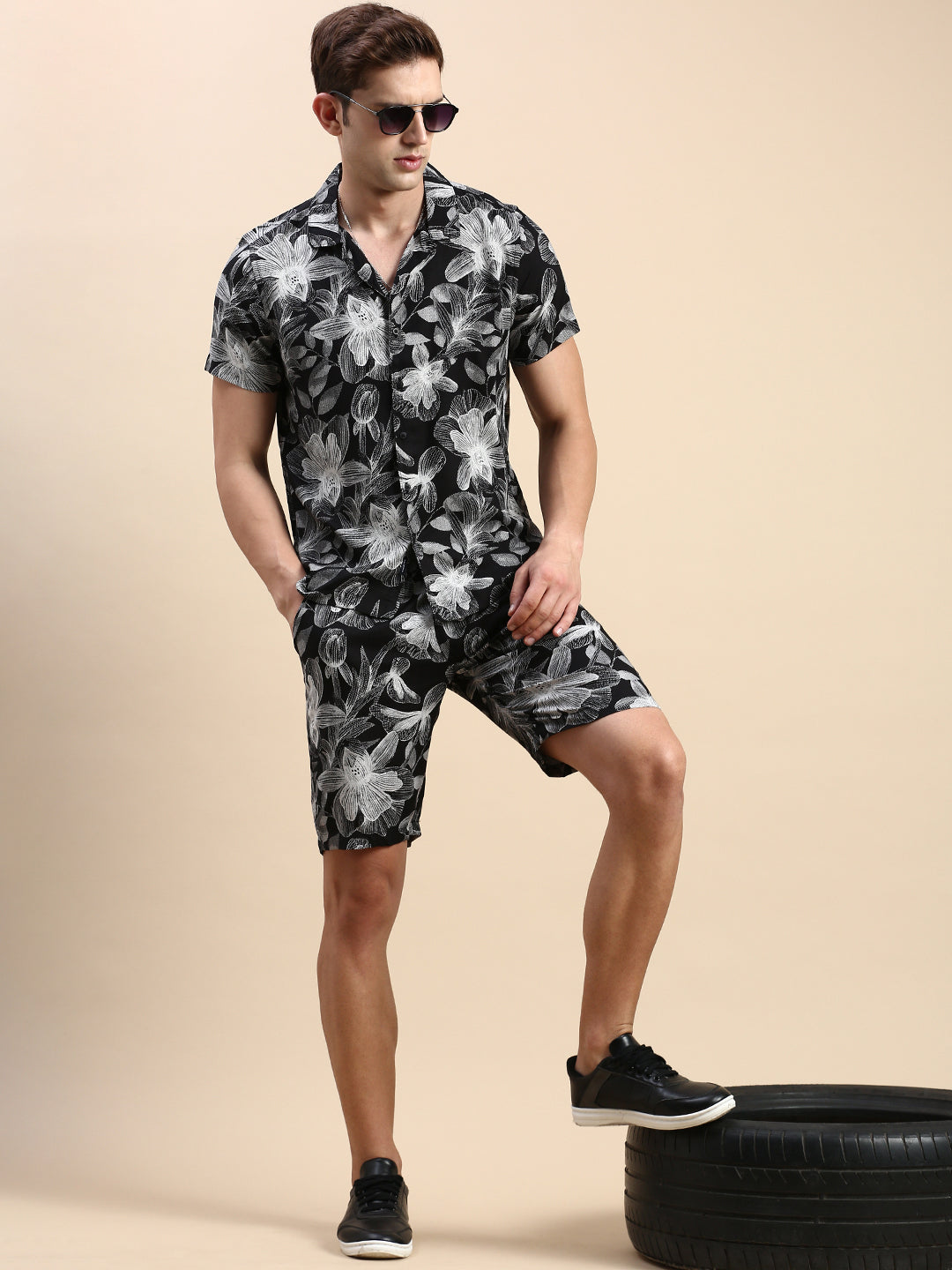 Men Cuban Collar Printed Black Co-Ords Set