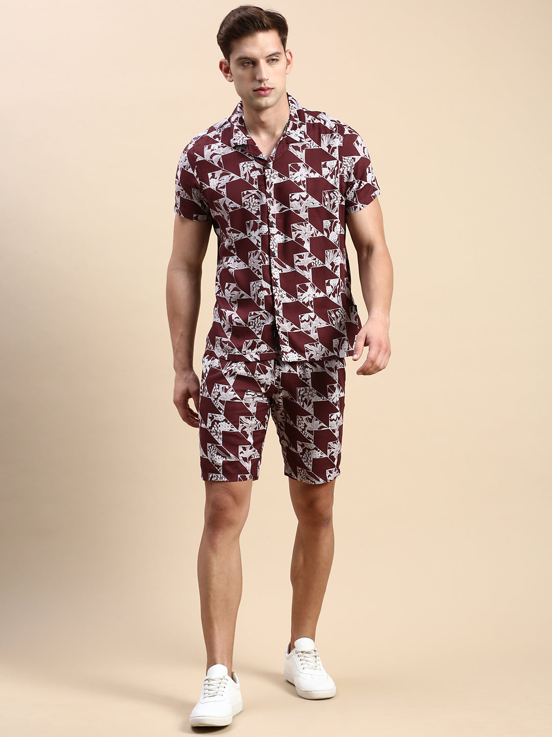 Men Cuban Collar Printed Burgundy Co-Ords Set