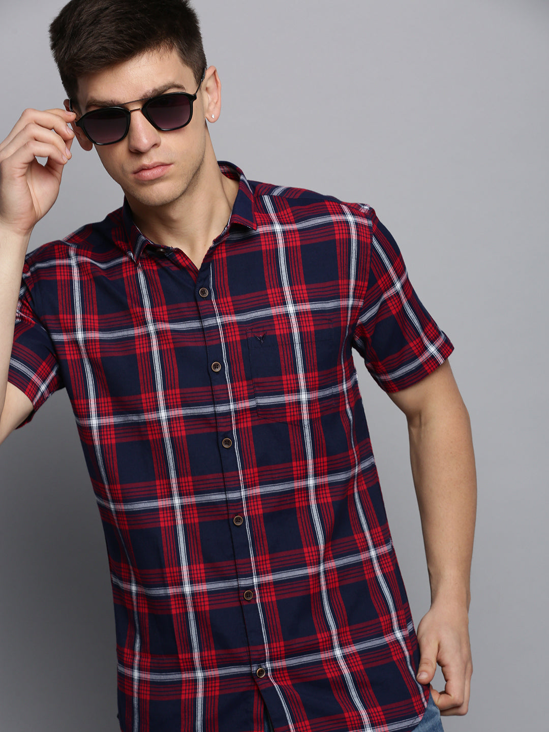 Men Spread Collar Checked Navy Blue Shirt