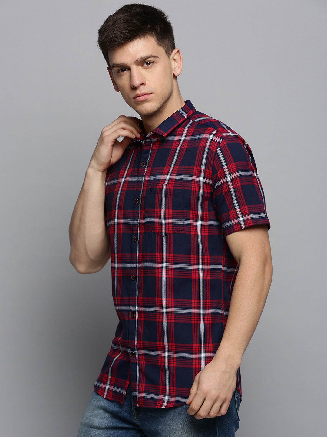 Men Spread Collar Checked Navy Blue Shirt