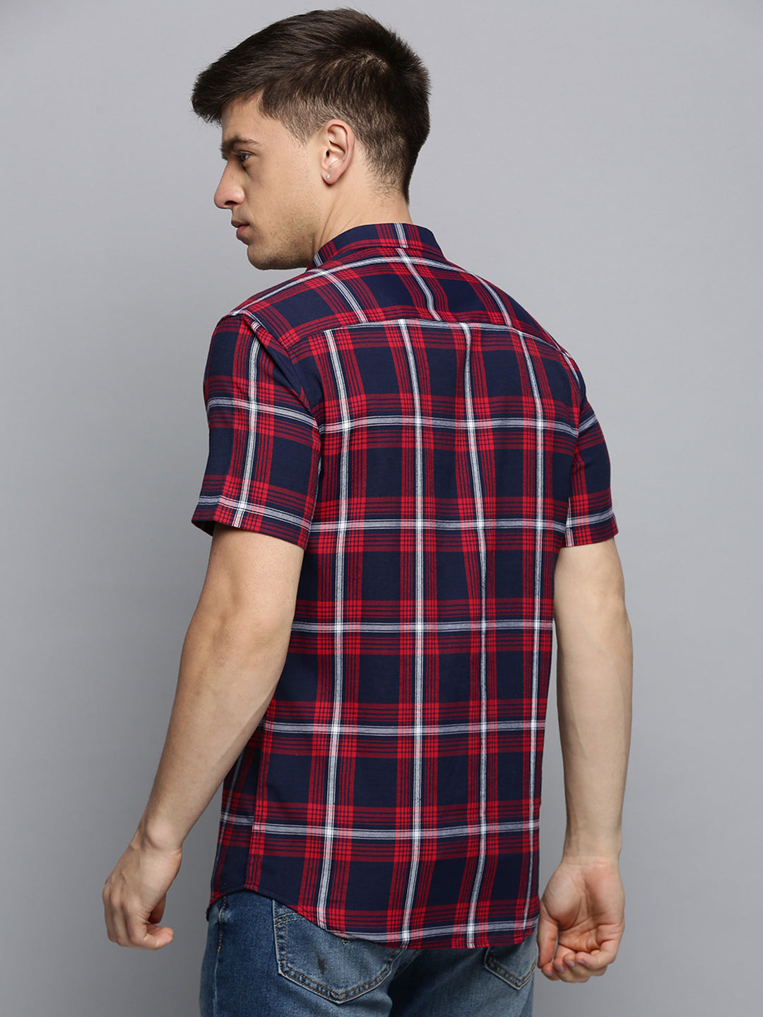 Men Spread Collar Checked Navy Blue Shirt