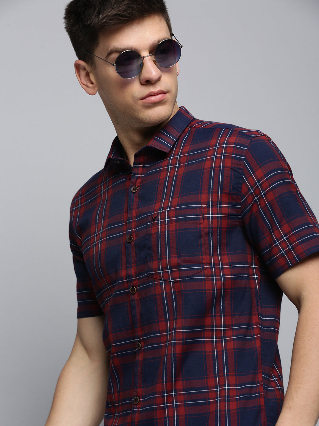 Men Spread Collar Checked Navy Blue Shirt