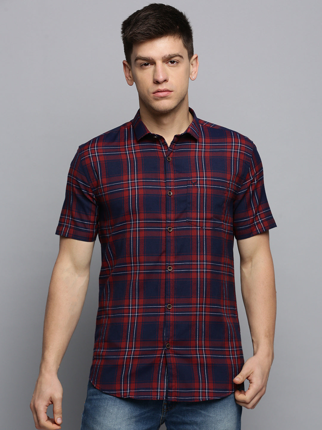 Men Spread Collar Checked Navy Blue Shirt