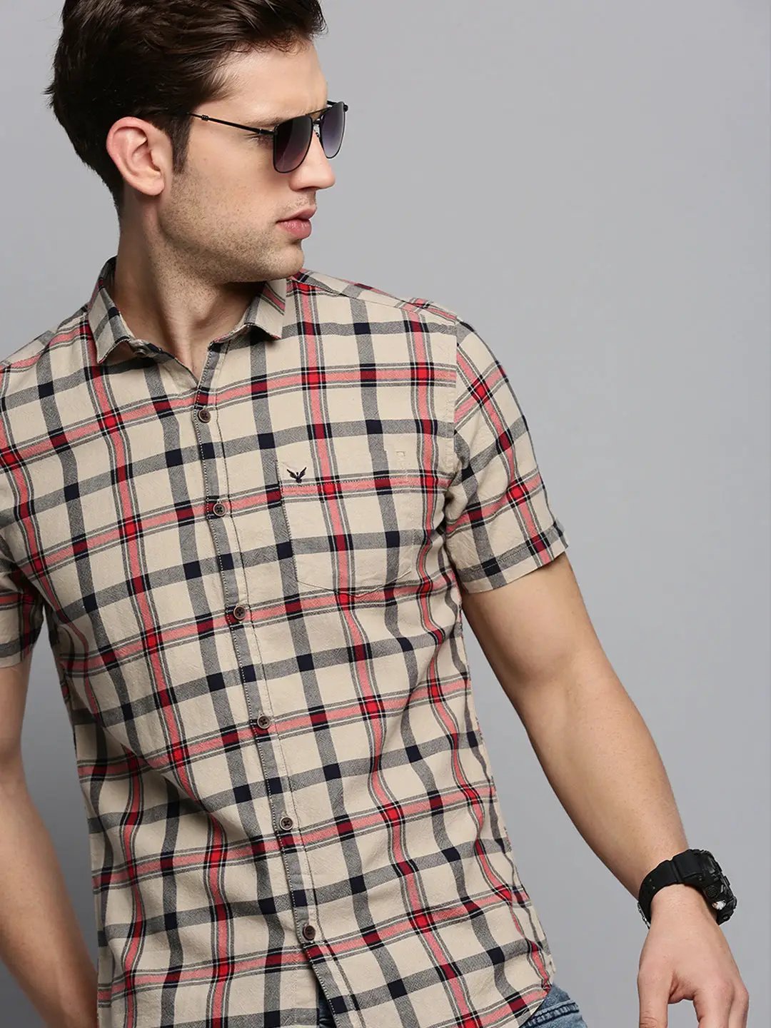 Men's Spread Collar Checked Beige Shirt