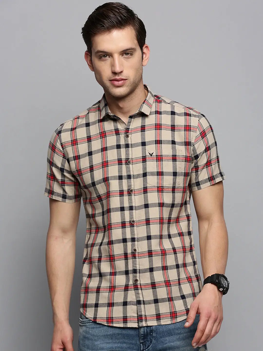 Men's Spread Collar Checked Beige Shirt