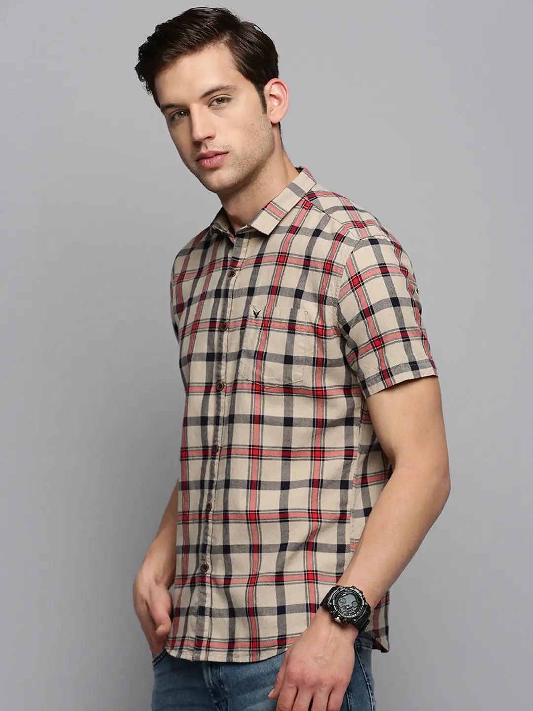 Men's Spread Collar Checked Beige Shirt