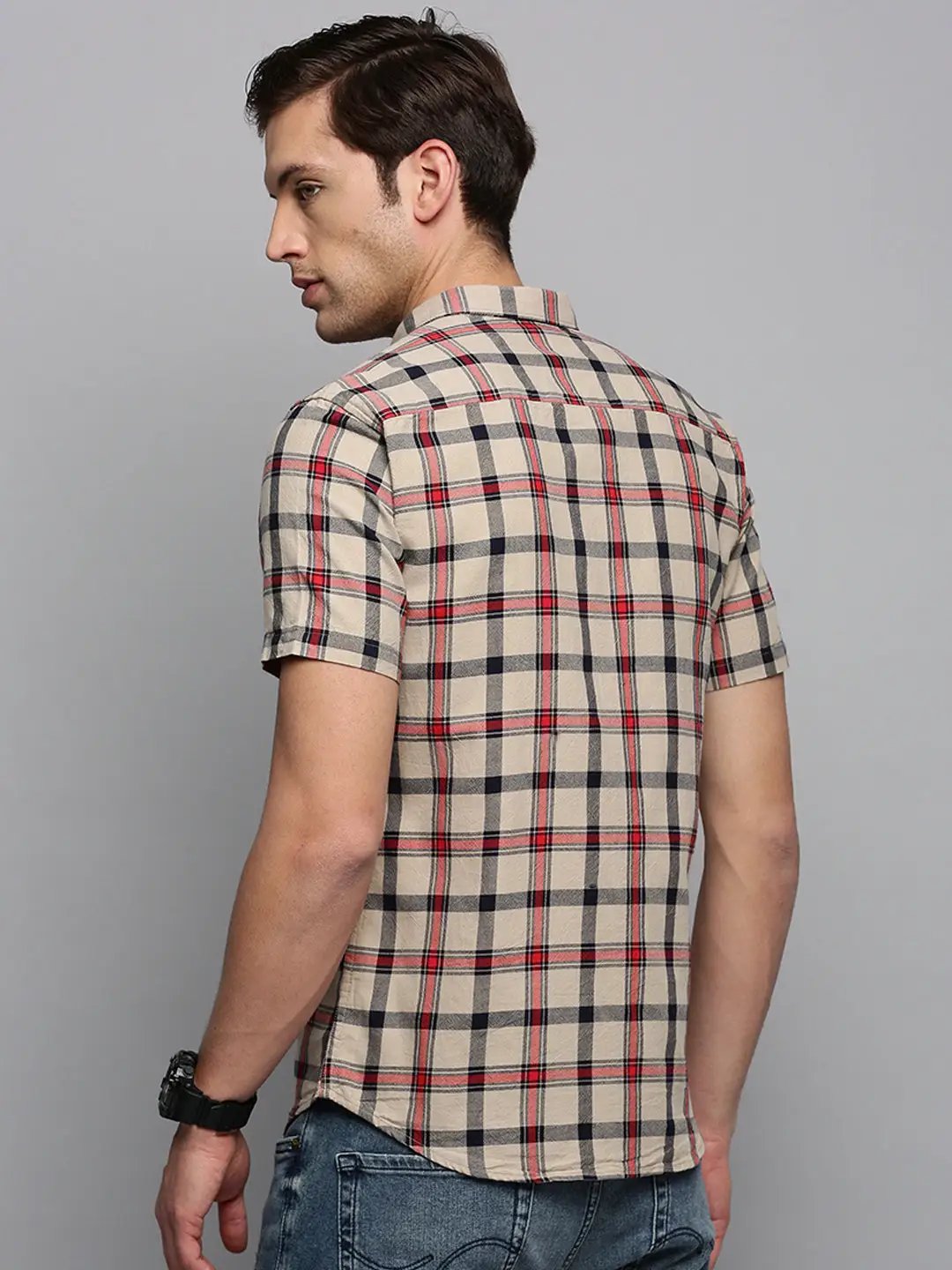 Men's Spread Collar Checked Beige Shirt