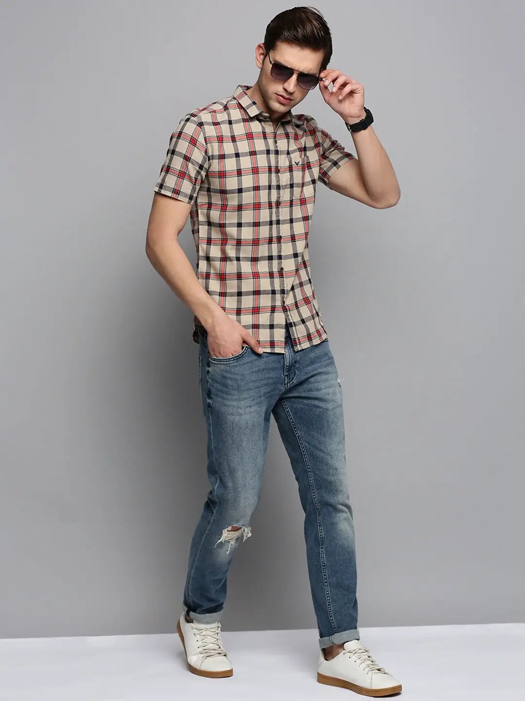 Men's Spread Collar Checked Beige Shirt