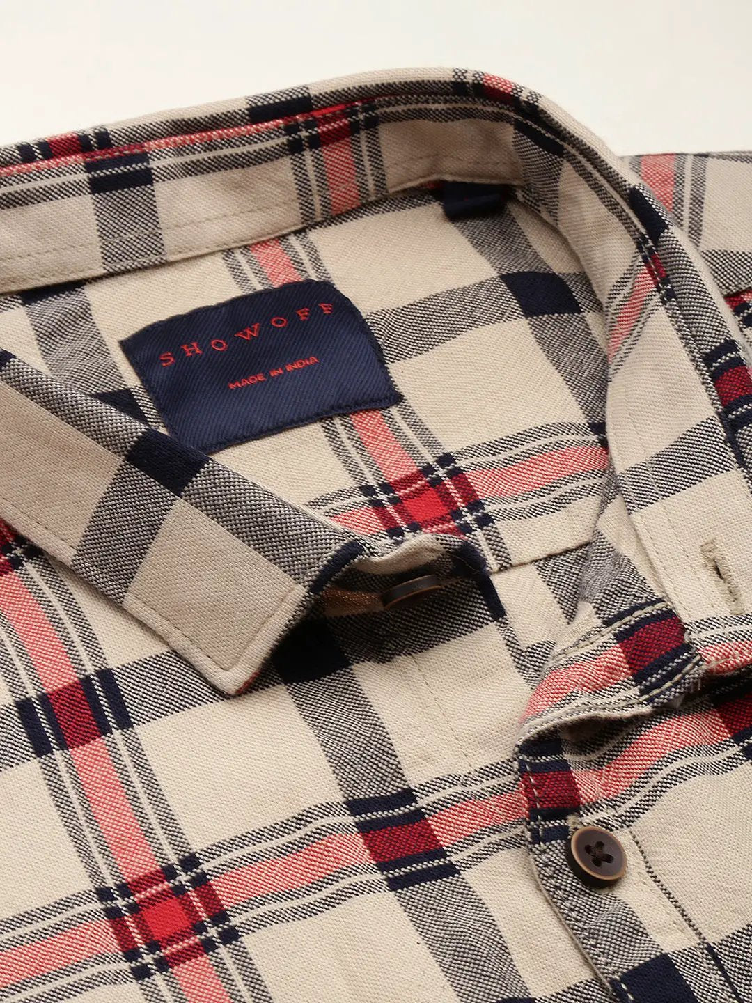 Men's Spread Collar Checked Beige Shirt
