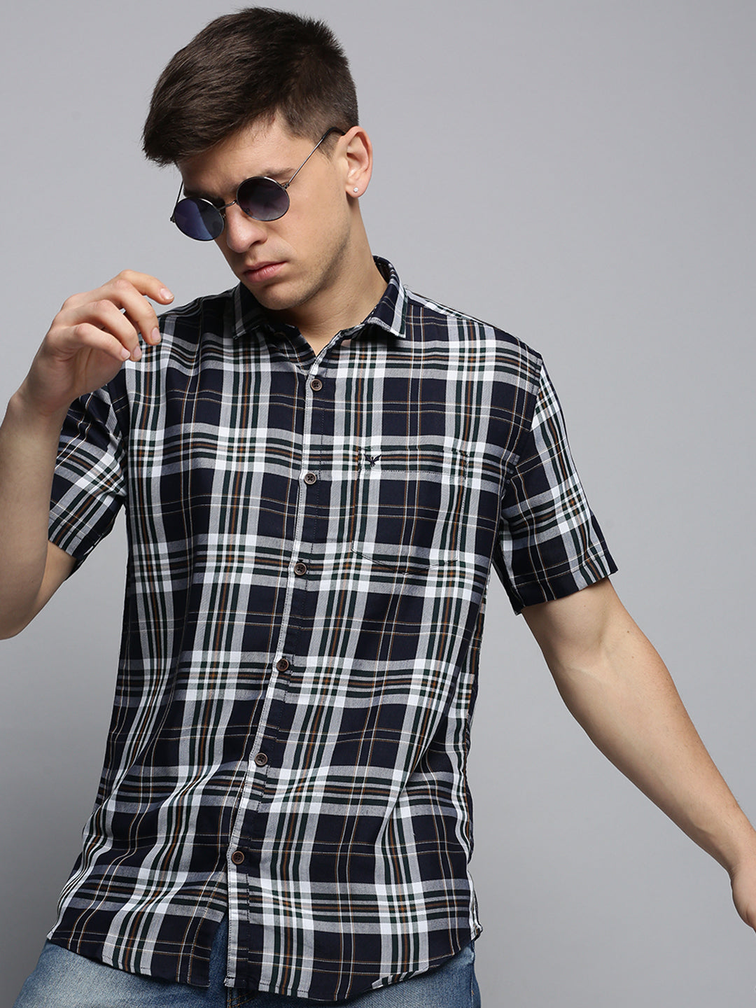 Men Spread Collar Checked Navy Blue Shirt