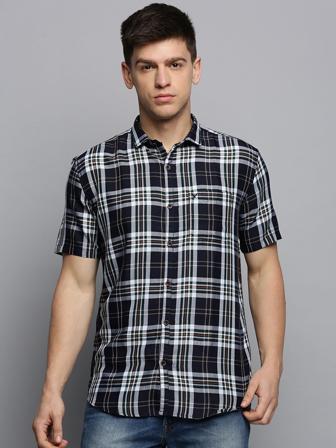 Men Spread Collar Checked Navy Blue Shirt