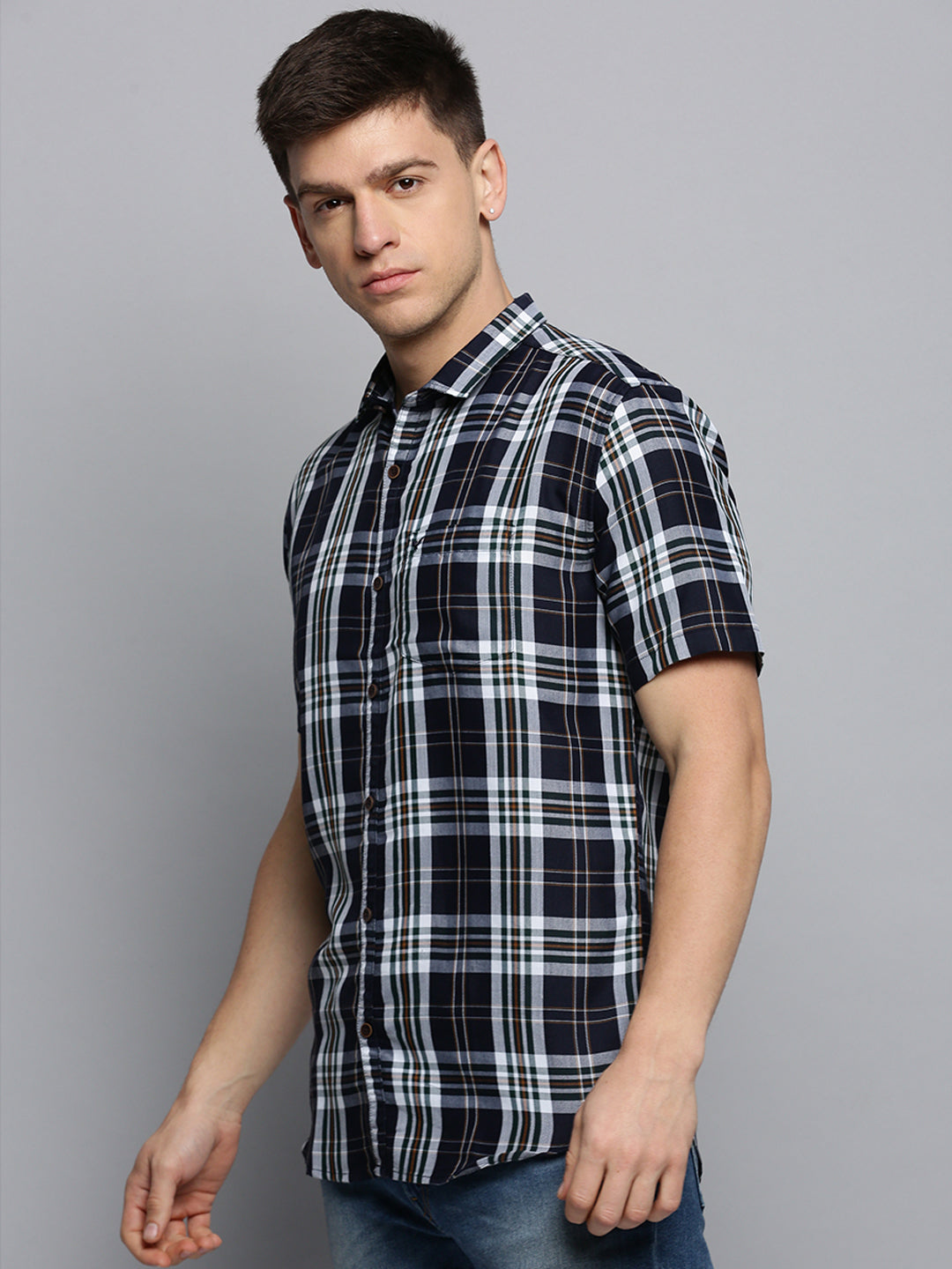 Men Spread Collar Checked Navy Blue Shirt