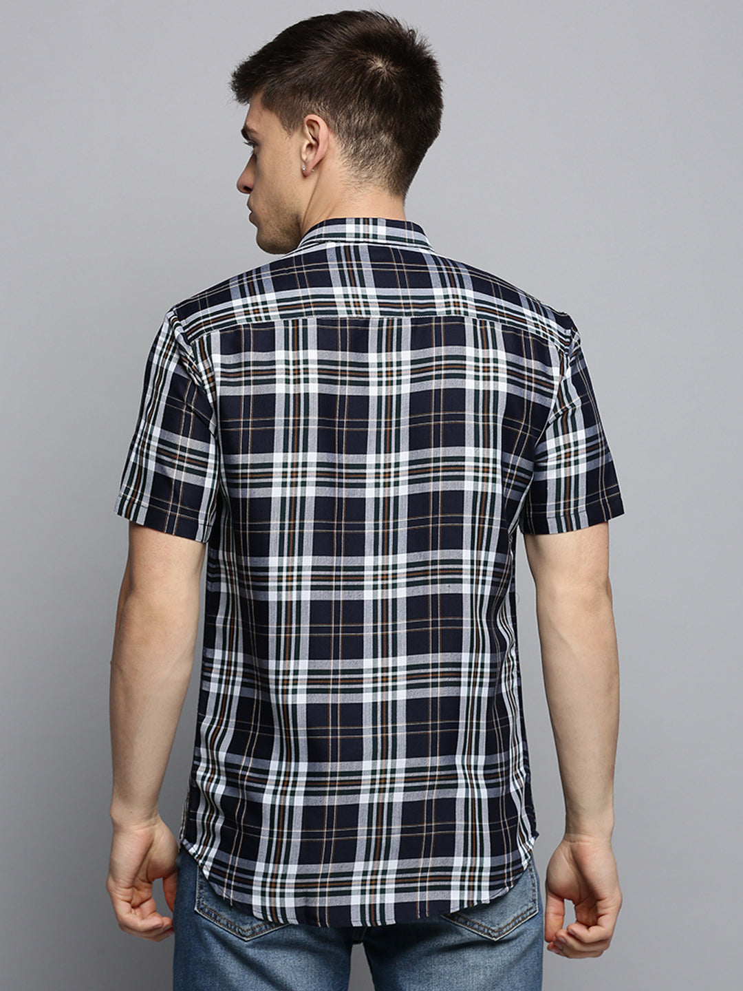 Men Spread Collar Checked Navy Blue Shirt