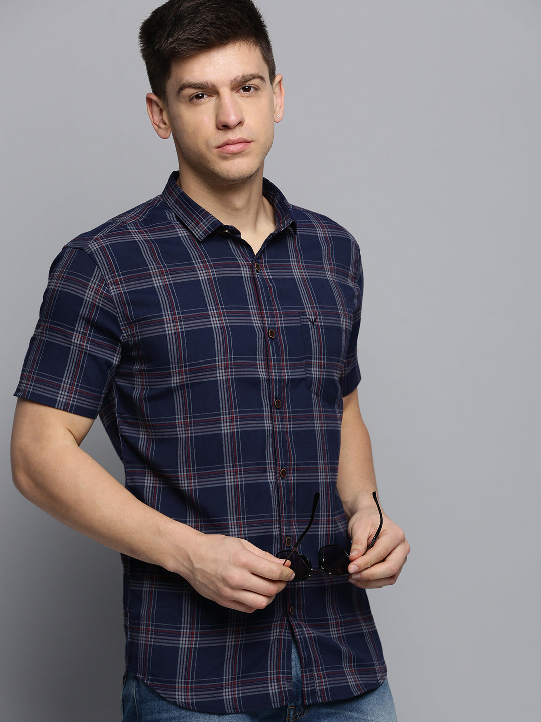 Men Spread Collar Checked Navy Blue Shirt