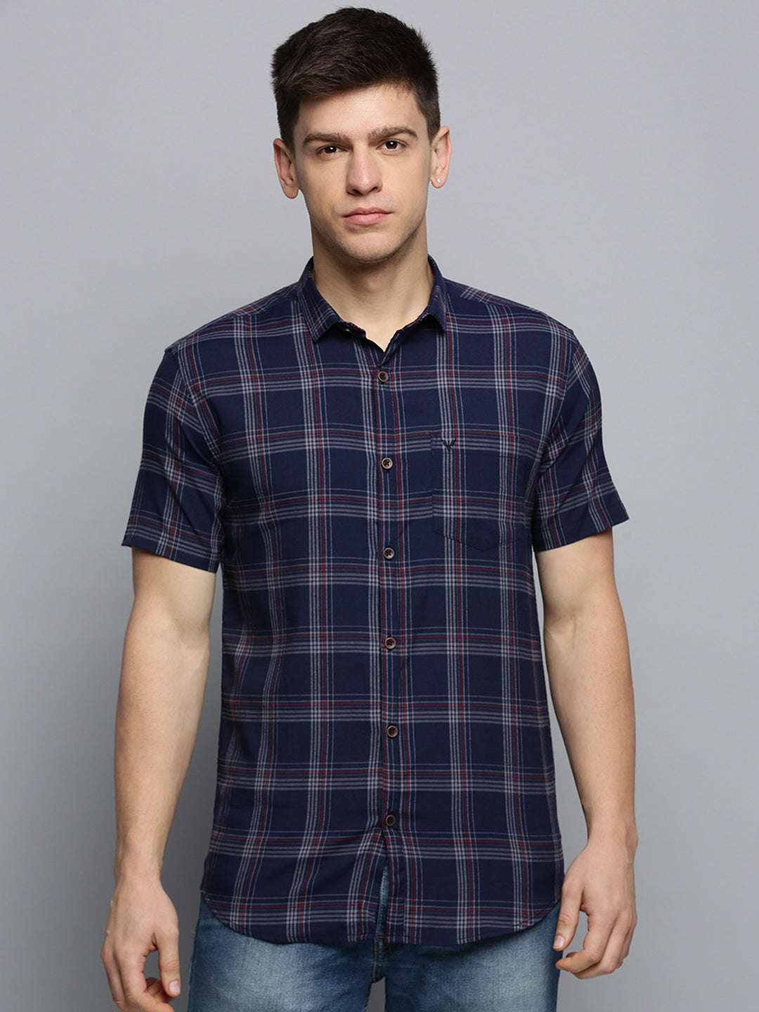 Men Spread Collar Checked Navy Blue Shirt