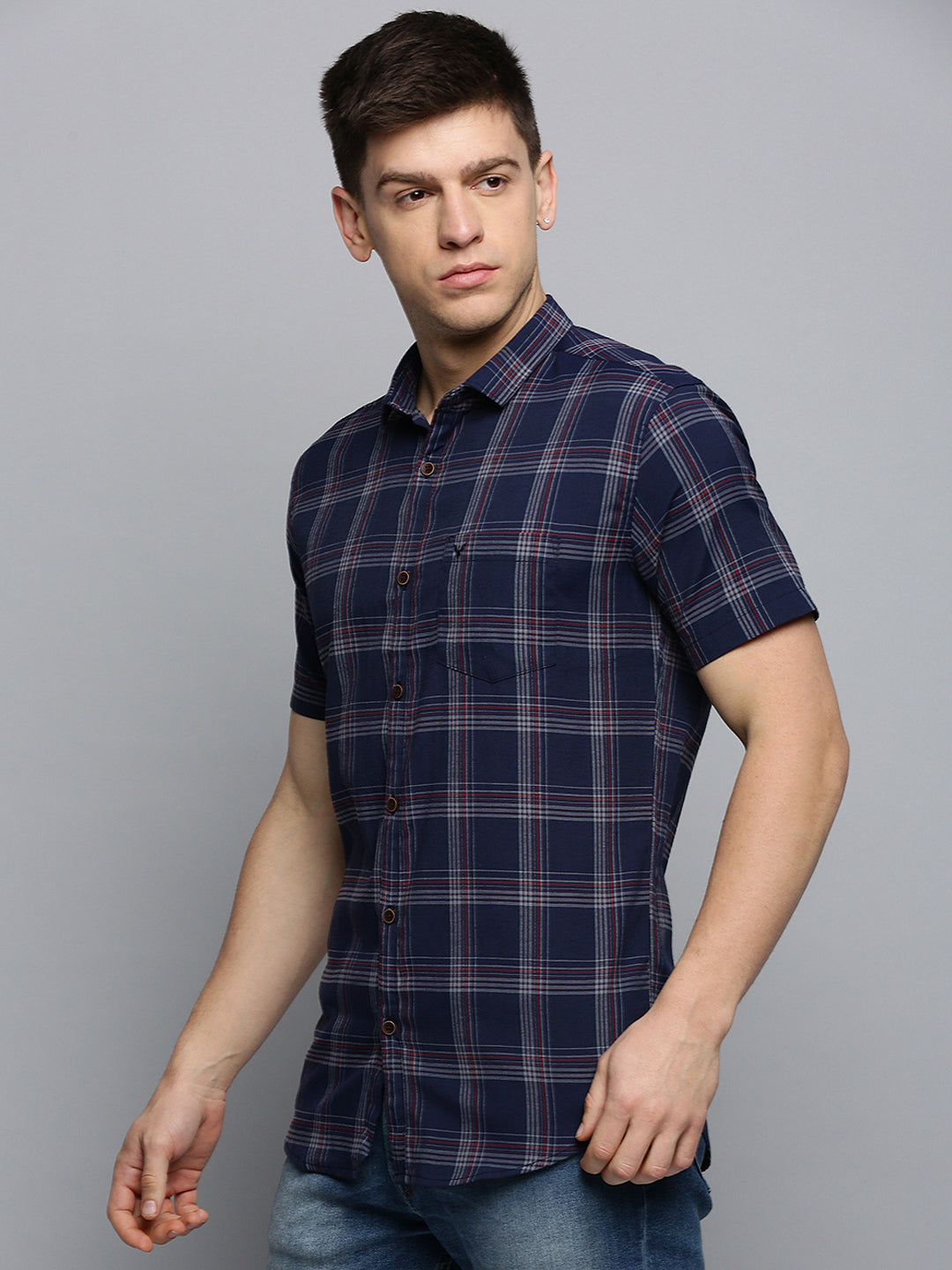 Men Spread Collar Checked Navy Blue Shirt