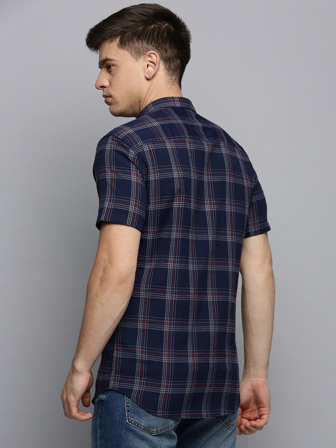 Men Spread Collar Checked Navy Blue Shirt