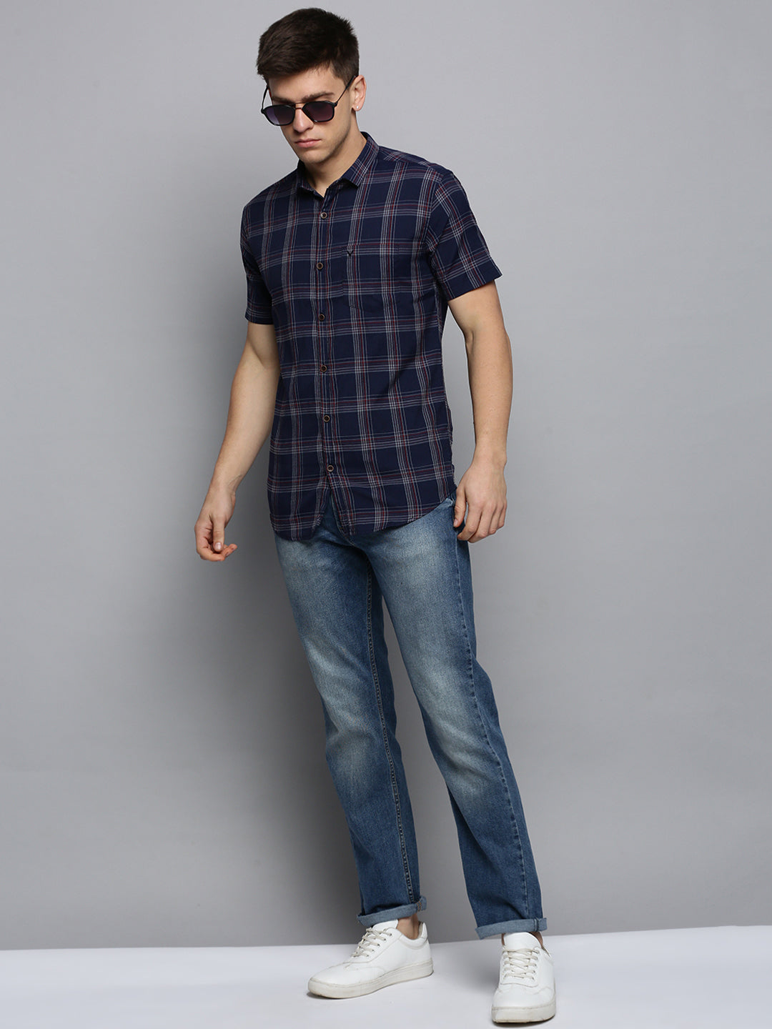 Men Spread Collar Checked Navy Blue Shirt