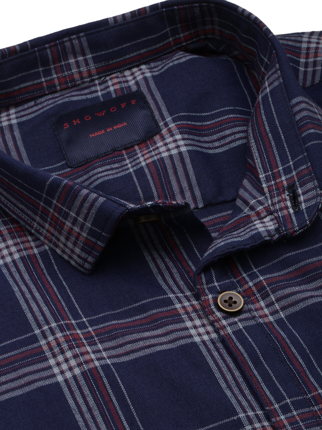 Men Spread Collar Checked Navy Blue Shirt