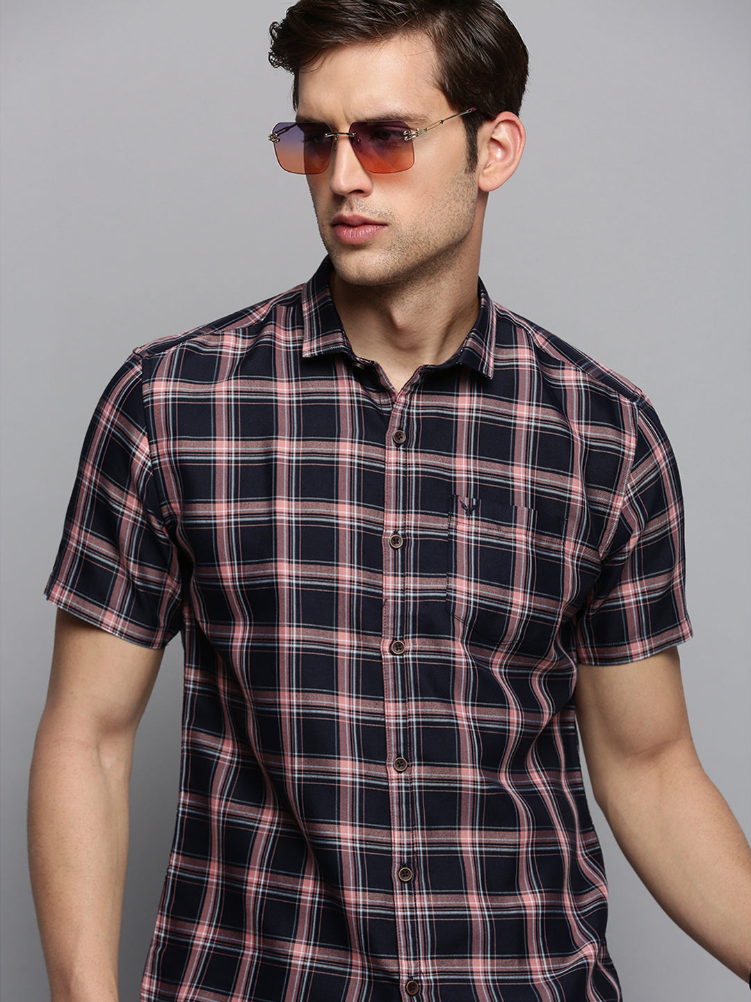 Men Spread Collar Checked Navy Blue Shirt